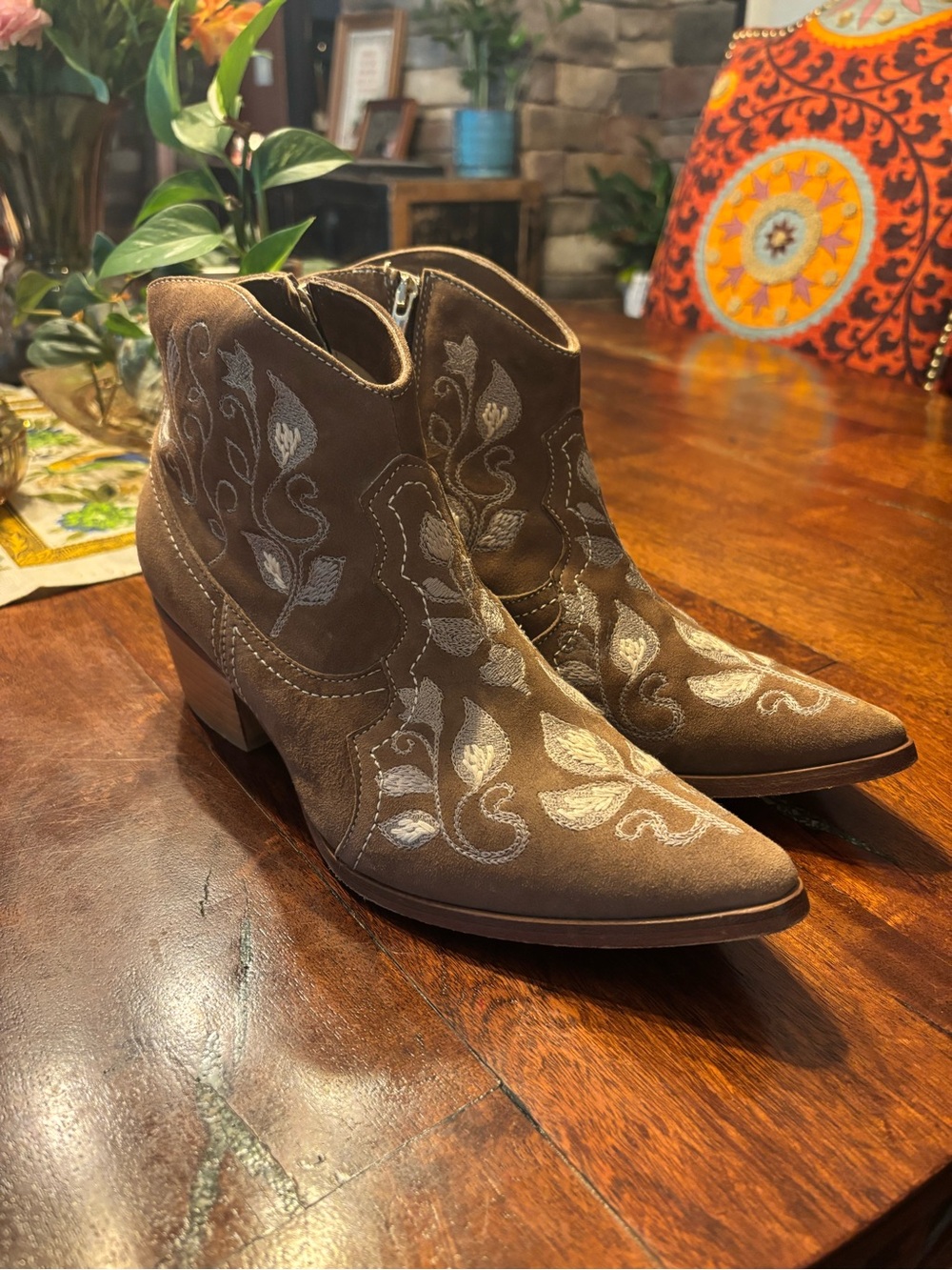 Sundance Brown Suede Embroidered Ankle Cowboy Boots